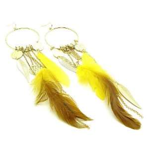 Punk Rock Yellow Feather and Chains Earrings