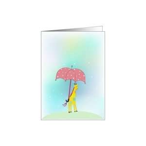  cute yellow giraffe, pink umbrella on pastel, star studded 