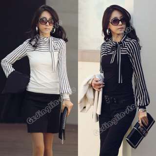 New Polo Neck Stripes Long Puff Sleeve Cotton Casual Tops Blouses T 
