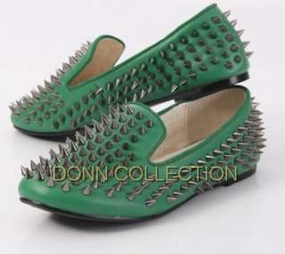 LADIES WOMEN GREEN RED GRAY LOAFERS SHOES FLAT SPIKE PUNK STUDDED 