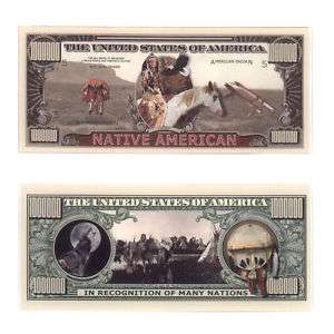 Native American 1 Million Dollars Bill Note 2 for $1.00  