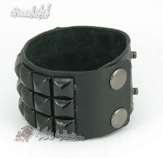 H343 Black 3 Rows Pyramid Stud Punk Leather Men/Women Wristband/Cuff 