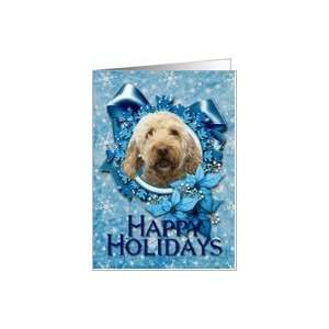  Happy Holidays   Blue Snowflakes   Goldendoodle Card 