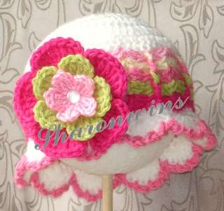 CROCHET Baby Girl PHOTO PROP Ecru Hat Pink Green Flower Cap Bonnet 