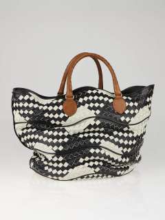 Bottega White/Black Woven Leather Wave Tote Bag  