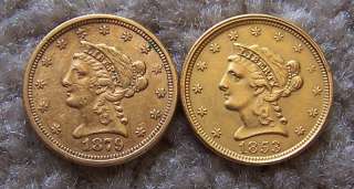 1879 and 1853 US $2.50 gold quarter eagle coins  