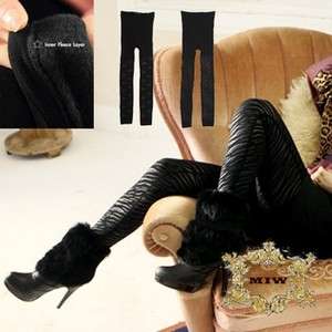 New Women 2 Layer Black Thermal Fleece Footless Tights Leggings w 