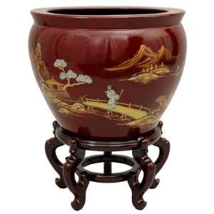  16 Landscape Fish Bowl with Stand in French Red Crackle 