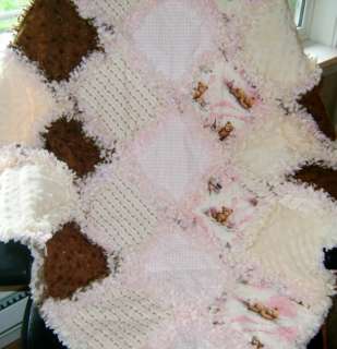 Baby Girl Rag quilt ~pink brown teddy bears & chenille  