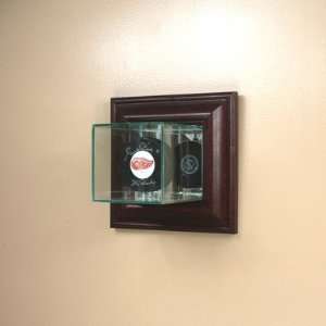   Mounted Glass Single Hockey Puck Display Case with Cherry Wood Molding