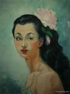 VINTAGE Portrait Woman LONG Black Hair EXOTIC w/ FLOWER Original Oil c 