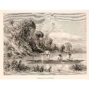  1875 Wood Engraving Fishing Native Canoe Candiru River 