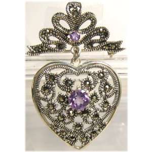    925 Sterling Marcasite w. Amethyst Dangle Heart Pin Jewelry