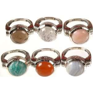  Gemstone Finger Rings (Smoky Quartz, Tourmalinated Quartz, Pink Opal 