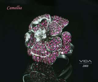 14K Gold Camelia Design Ruby Diamond Flower Ring Hand Ring One of a 