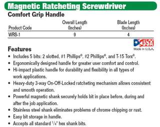 JH WILLIAMS MAGNETIC RATCHETING SCREWDRIVER WRS 1 USA  