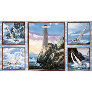  44 Wide Wind & Waves Lighthouse Panel Blue Fabric By The 