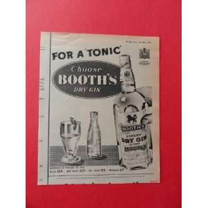 Booths dry gin, 1955 Print Ad. (for a tonic choose booths.) orinigal 