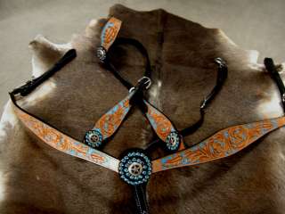SET BRIDLE BREAST COLLAR WESTERN LEATHER HEADSTALL TURQ  