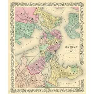 BOSTON & ADJACENT CITIES MASSACHUSETTS/MA MAP BY J.H. COLTON & CO 