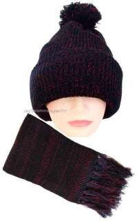 Womens Winter Hat Scarf Set Ski Knit Beanie Black Pink  