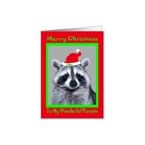  Christmas to Parents, raccoon in Santa hat Card Health 