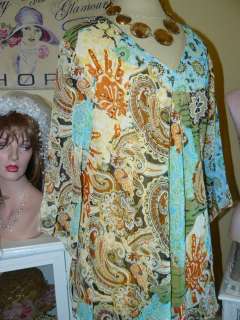 AUTUMN ARTISTRY Bejeweled FLUTTERY WISPY CHIC MOSAIC CHIFFON TUNIC TOP 