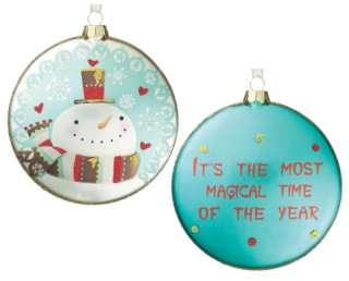 Set 6 Glass Disc Teal Blue Magical Time of the Year Snowman Christmas 
