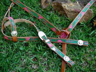 BRIDLE BREAST COLLAR WESTERN LEATHER HEADSTALL PINK SET  