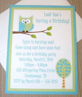 50 Blue and Green Owl Birthday, Baby Shower Invitation  