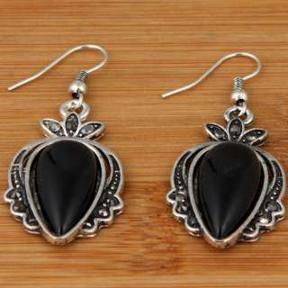 Tibet silver teardrop black agate crystal leaf bead dangle earrings 