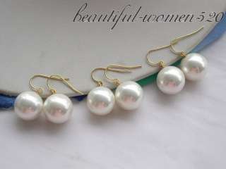 wholesale 3pair 16mm round white south sea shell pearl dangle earring 