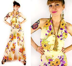 VTG 70s floral JUMPSUIT palazzo BELL BOTTOM halter 2pc CREAM playsuit 