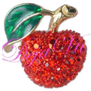 GOLD PLATED CRYSTAL RED APPLE FRUIT BROOCH PIN MADE WITH SWAROVSKI 
