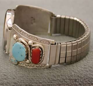 Zuni Effie C Silver Turquoise & Coral Mens Watch NEW   