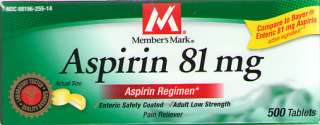 SEALED Members Mark Generic Aspirin 81mg 500 Tablets  