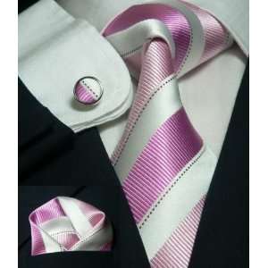  Mens Stripes Pink&White 100% Silk Tie Set TheDapperTie 