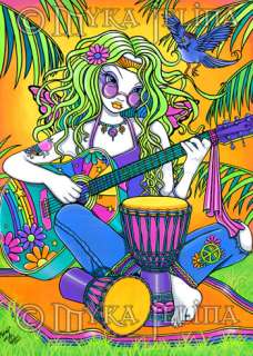 Rainbow Hippie Guitar Fairy Flower Art OOAK ACEO Melody  