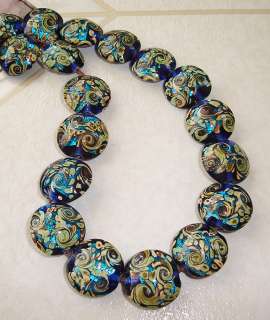   Glass Beads 15mm Lentil Shimmery Foil Blue 8 Beads (#a4s)  