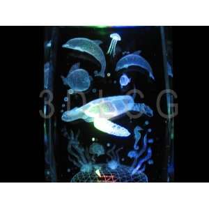  Green Sea Turtle with Dolphins 3D Laser Etched Crystal T 