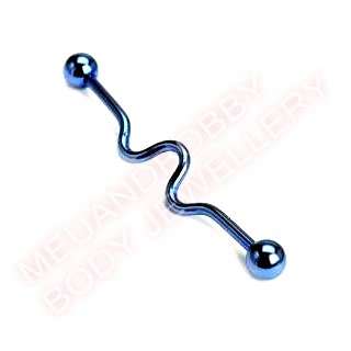 14G 38mm 5mm Blue Wavy Style Ball Industrial Barbell  