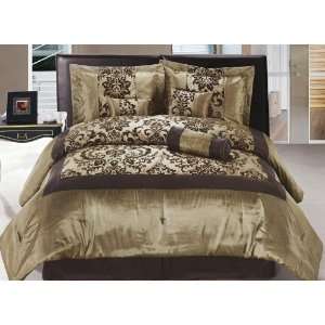   Taupe and Coffee Flocked Bed in a Bag Bedding Set