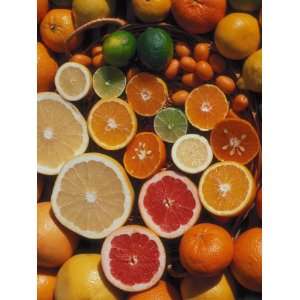  Citrus Fruits, Orange, Grapefruit, Lemon, Sliced in Half 
