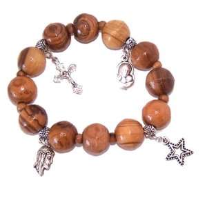  Elastic Olive wood religious bracelet with Silver tone 