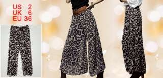 Ladies Leopard Print Black Gray Chiffon Wide Leg Pants XS  