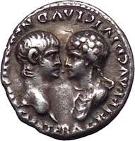 Nero & Agrippina Jr. Silver Denarius. Lugdunum 54 AD Very Rare  
