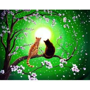  Orange Tabby and Black Cats in Green Cherry Blossoms Zen 