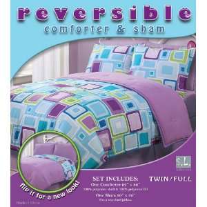 Pieces Reversible Purple, Blue, and Light Grey Geo Square Comforter 