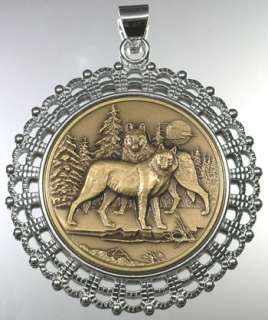 Wolves Alpha Pair Medallion In Silver Filigreed Bezel  