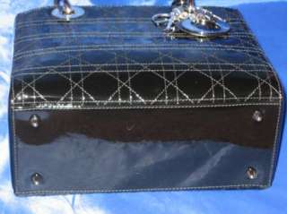 CHRISTIAN DIOR Lady Dior Medium BLACK Patent Cannage Top Handle Bag 